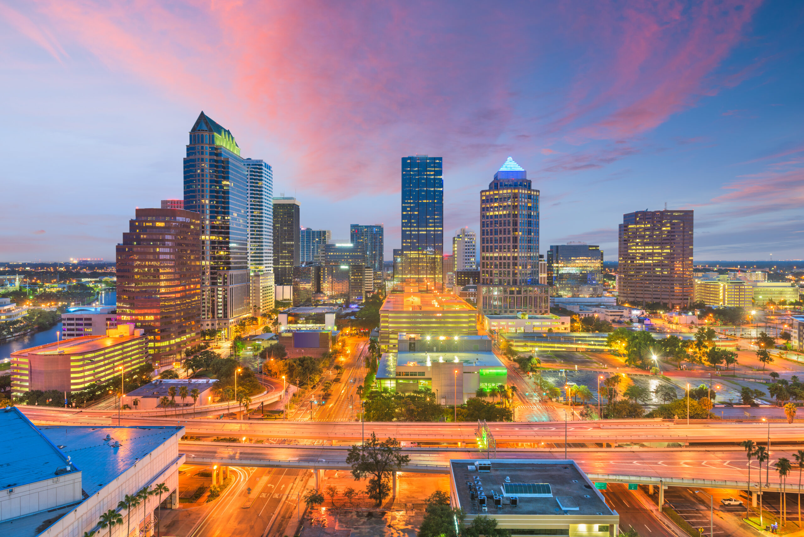 Tampa, Florida, USA aerial downtown skyline at dusk.